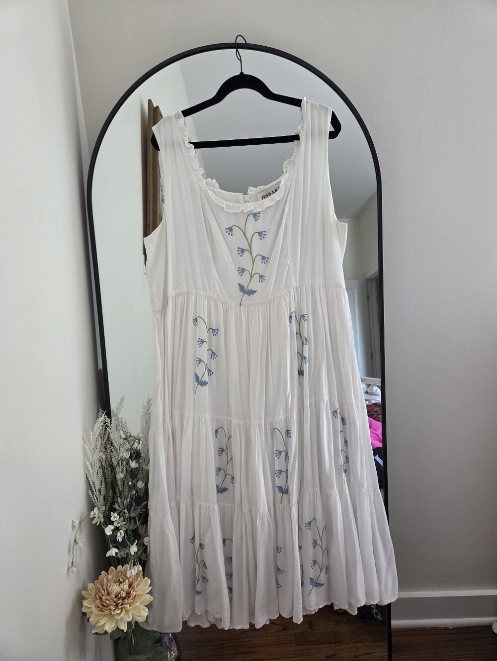 JessaKae White Summer Meadow Dress with Blue Floral Embroidery